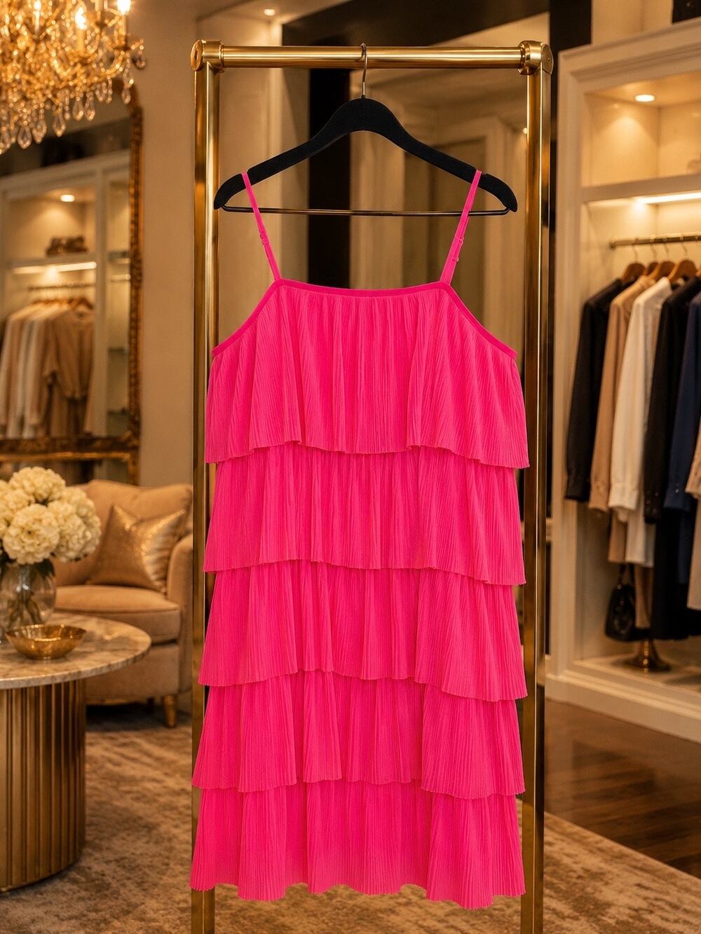 Listicle Hot Pink Plisse 5 Tier Mini Dress NWT Large Adjustable Straps Cocktail